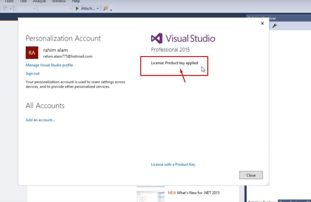 Visual studio 2015 key code